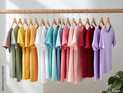 close up collection of colorful t-shirts hanging on wooden clothes hanger in closet or clothing rack over white background,
