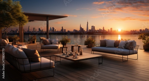 As the sun rises over the city, a cozy outdoor studio couch sits on the deck, overlooking the river below, with a coffee table and tree adding to the tranquil atmosphere