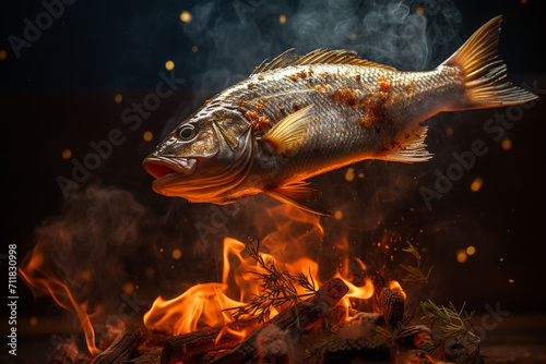 Whole sea bass or dorado fish on the grill  fire  smoke. Fish cooking concept. Generative AI.