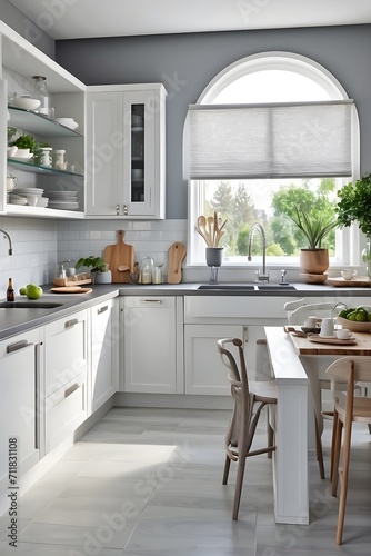 modern kitchen interior - white and grey kitchrn interior design kitchen furniture design - kitchrn background.Modern Kitchen Haven  Sleek Cabinets  Stainless Steel  and Sunlit Countertops.