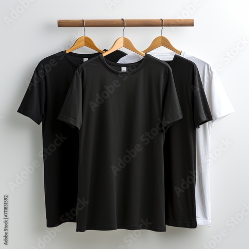 Mockup of white, black, heather t-shirts, holding hands on the shoulders of oversized clothes, place for design, pattern, branding. Set of fashion modern unisex apparel, isolated on background