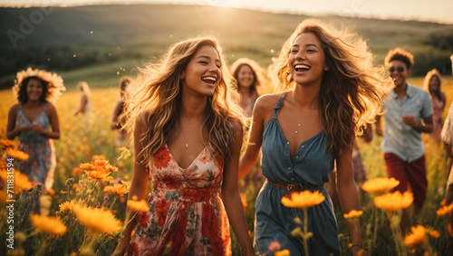 A vibrant and colorful scene of a group of friends laughing and dancing in a field of wildflowers, with the sun shining down and casting a warm glow on their faces. photo