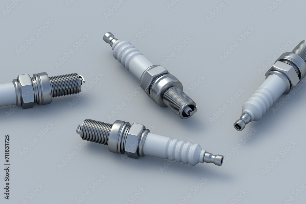 Scattered car sparks plug on gray background. Automotive parts. Service station. Engine repair. Auto equipment. Motorcycle maintenance. 3d render Scattered car sparks plug on gray background. Automotive parts. Service station. Engine repair. Auto equipment. Motorcycle maintenance. 3d render