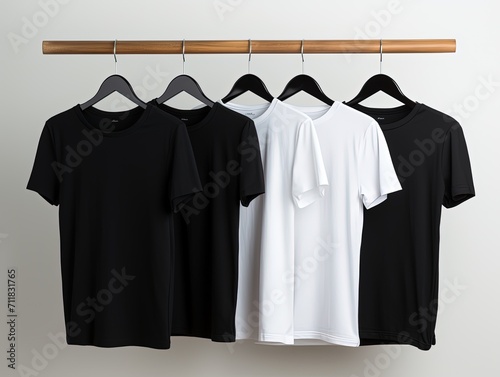 Mockup of white, black, heather t-shirts, holding hands on the shoulders of oversized clothes, place for design, pattern, branding. Set of fashion modern unisex apparel, isolated on background