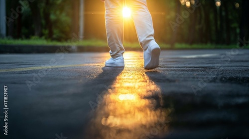 Person walking on a street at sunset with the sunlight reflecting on the ground run away patient dementia  photo