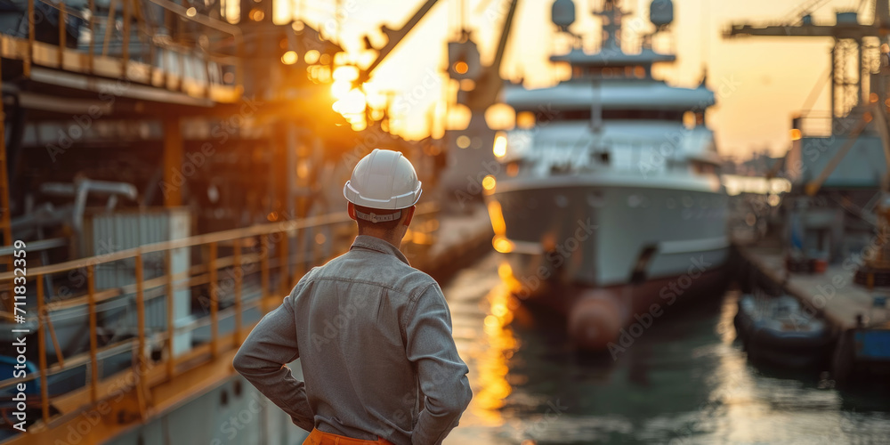 Ingenieur steht auf einer Schiffsbaustelle und beobachtet den Bau einer Yacht