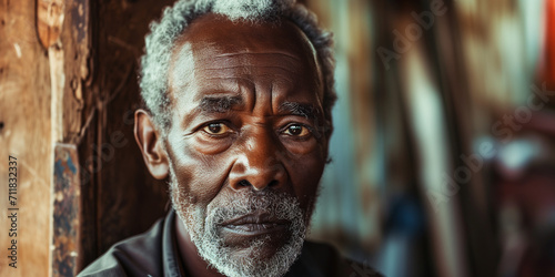 Portrait of an elderly Black man with a grey beard, deep in thought with a rustic background
