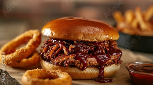 Mouthwatering shot of a loaded BBQ pulled pork sandwich, dripping with sauce and served with a side of crispy onion rings. [BBQ pulled pork sandwich fast food]