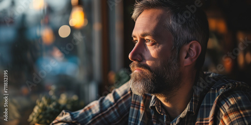 Middle-aged man with a beard looking out a window, the warm sunset light gently illuminating his thoughtful face © J. Grayscale