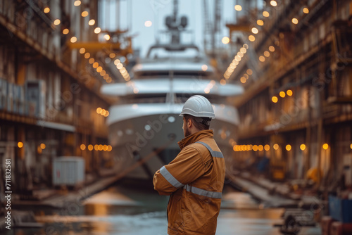 Ingenieur steht auf einer Schiffsbaustelle und beobachtet den Bau einer Yacht