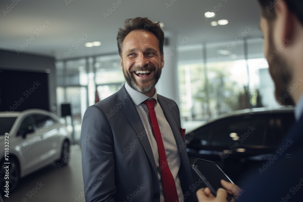 Smiling businessman in conversation at a car dealership