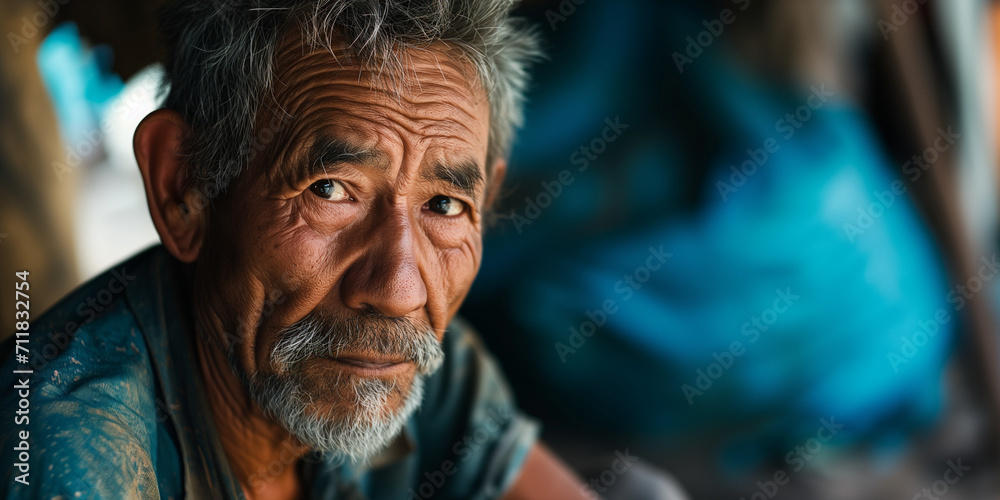 Fototapeta premium Elderly Asian man with a wise expression, his face marked by time, with a blurred background