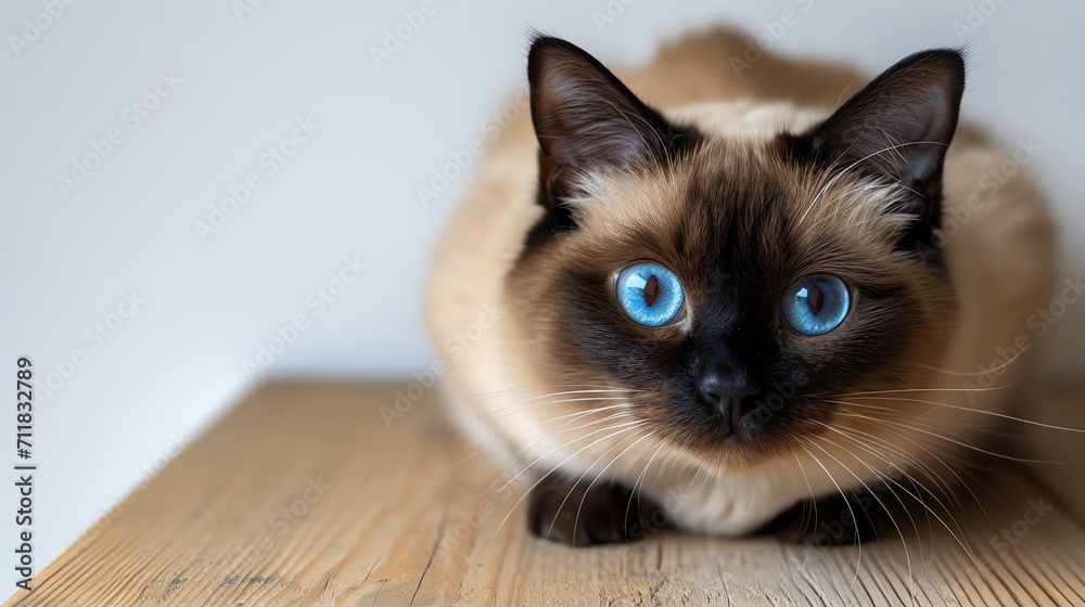 Siamese Cat with Striking Blue Eyes on Wooden Surface