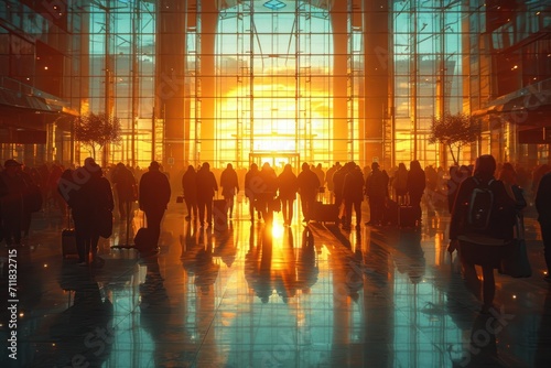 Sunset silhouette of busy commuters in a modern glass terminal