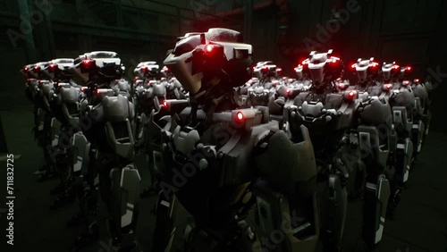 3d rendering of robotics army, industrial group of cyborg machines on factory background. Futuristic AI robotic team, artificial intelligence technology concept.