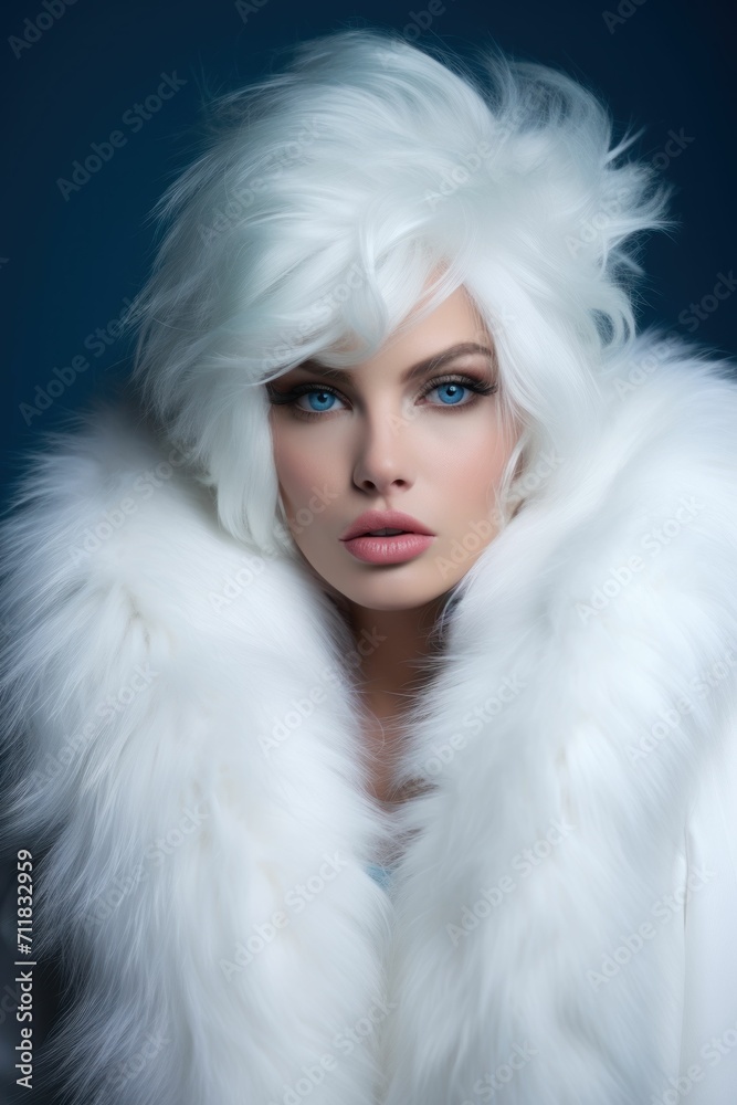 Stylish lady with white hairs and fur coat and blue eyes makeup