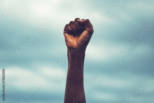 raised hand symbol for  history black month  against sky background, showcase solidarity and freedom photo
