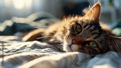 Tabby Cat Basking in Sunlight on Bed