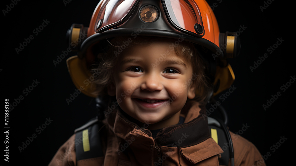 Child playing grown-up - dressed as a fireman - close-up shot - smiling and happy - close-up shot Child playing grown-up - dressed as a fireman - close-up shot - smiling and happy - close-up shot