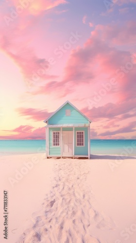 Simple and beautiful small hut on beach in pastel colors