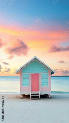 Simple and beautiful small hut on beach in pastel colors
