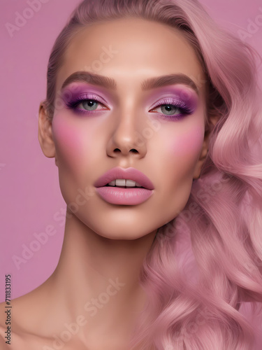 Portrait of a blond woman wearing pink. Fashion beauty style shoot. 