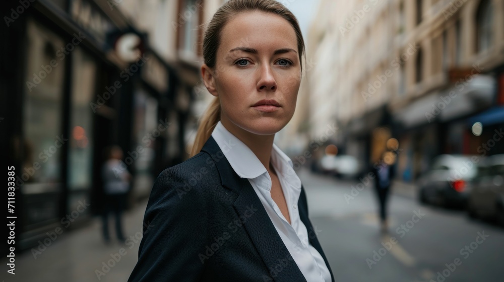Pretty Entrepreneur Lady in a black suit looking at the camera in a street full of people in background