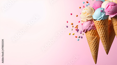 Colorful ice cream scoops in cones on a pink background.