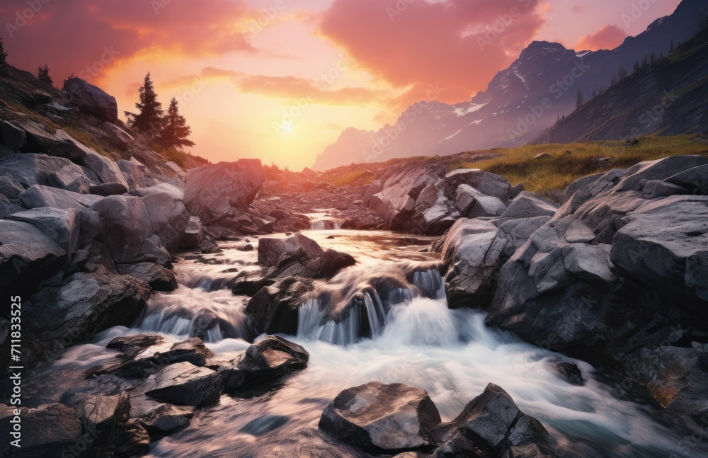Beautiful waterfall in a stream with rocks on the bank, Pastel Sky 