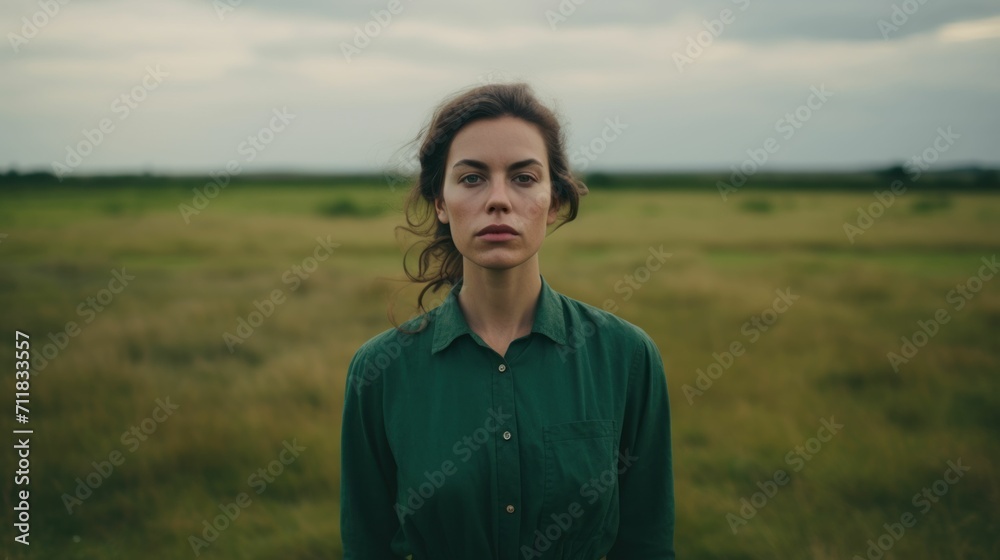 Woman standing in the field with sad expression Woman standing in the field with sad expression