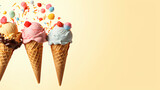  Colorful ice cream scoops in cones on a yellow background.