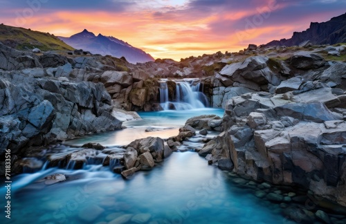 Beautiful waterfall in a stream with rocks on the bank, Pastel Sky 