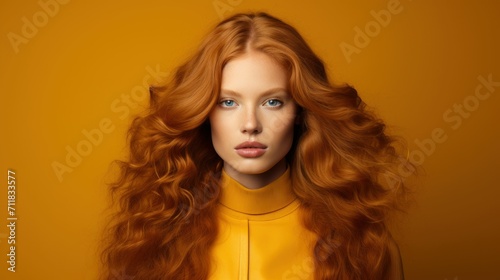 Portrait of a young beautiful lady in fashion outfit and golden hairs and yellow background 