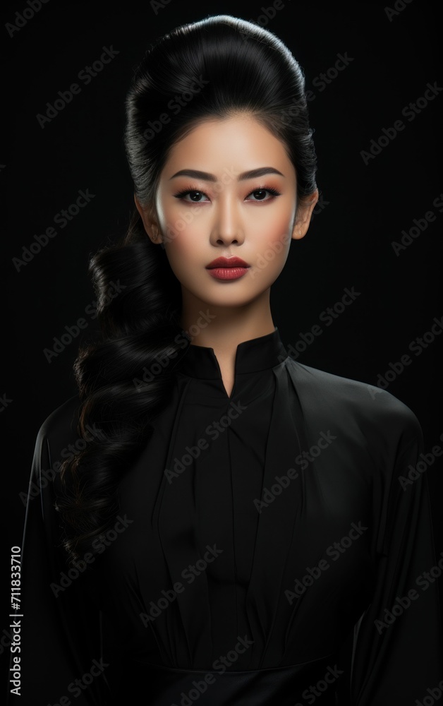 Beautiful Asian lady in black outfit and dark background Beautiful Asian lady in black outfit and dark background