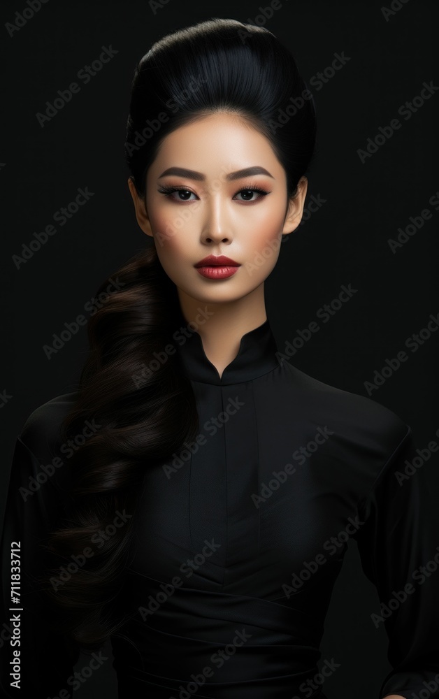 Beautiful Asian lady in black outfit and dark background