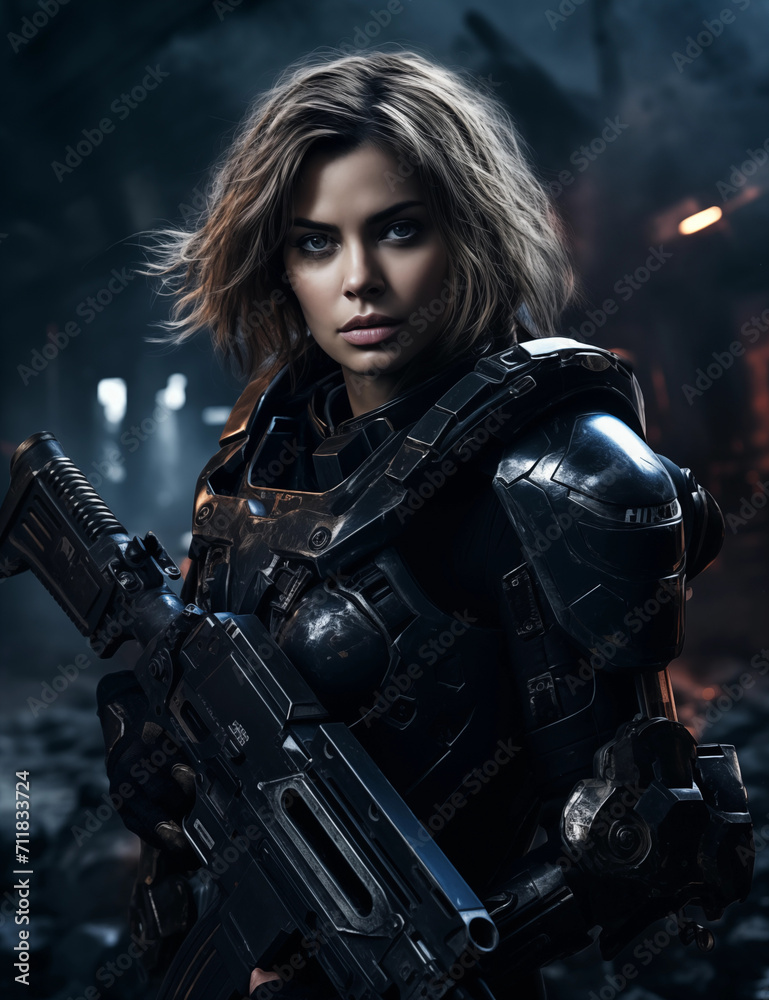 cyber woman, Futuristic , illustration, watercolor, soldier, Marine, female space marine cyber woman, Futuristic , illustration, watercolor, soldier, Marine, female space marine