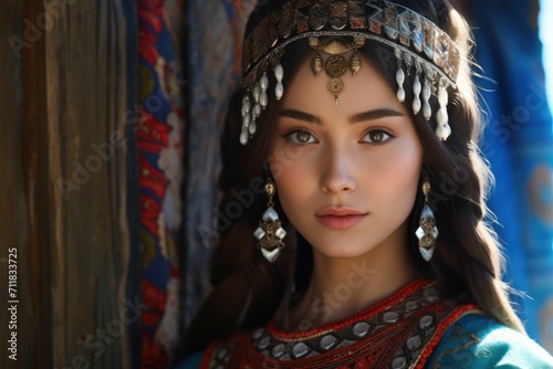 Beautiful Young lady in kazakh traditional dress © Sohaib q
