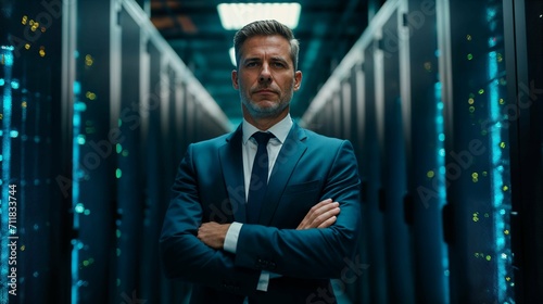 Confident CEO businessman in a blue suit standing with crossed arms in a data center
