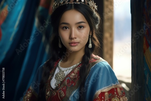 Beautiful Young lady in kazakh traditional dress photo