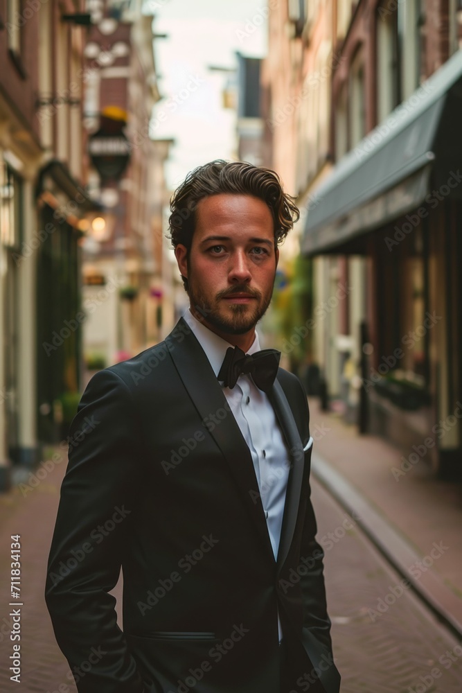 A man wearing suit and bowtie in empty street with buildings and closed shops, posing and looking at the camera A man wearing suit and bowtie in empty street with buildings and closed shops, posing and looking at the camera