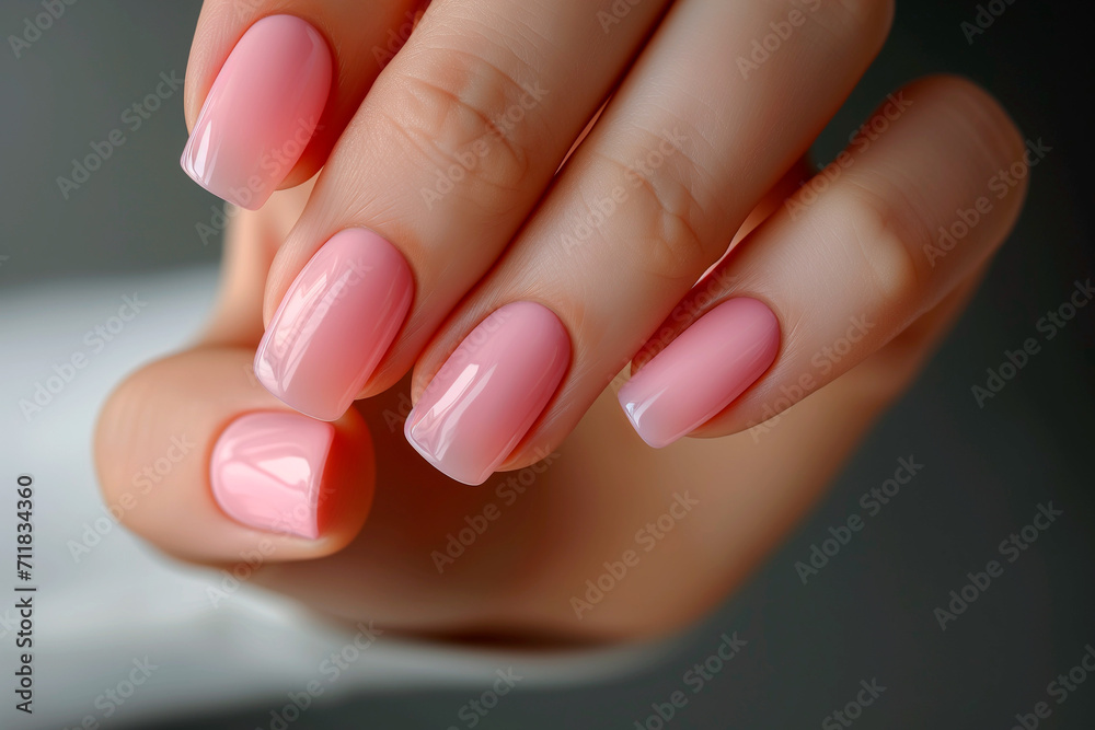 Woman hand with pink nail polish manicure with gel polish at luxury beauty salon Woman hand with pink nail polish manicure with gel polish at luxury beauty salon