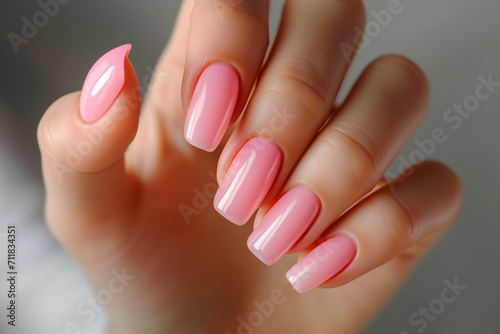 Woman hand with pink nail polish manicure with gel polish at luxury beauty salon