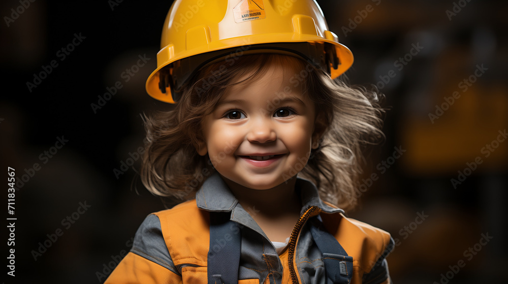 Child playing grown-up - dressed up as a construction worker - smiling and happy - close-up shot Child playing grown-up - dressed up as a construction worker - smiling and happy - close-up shot