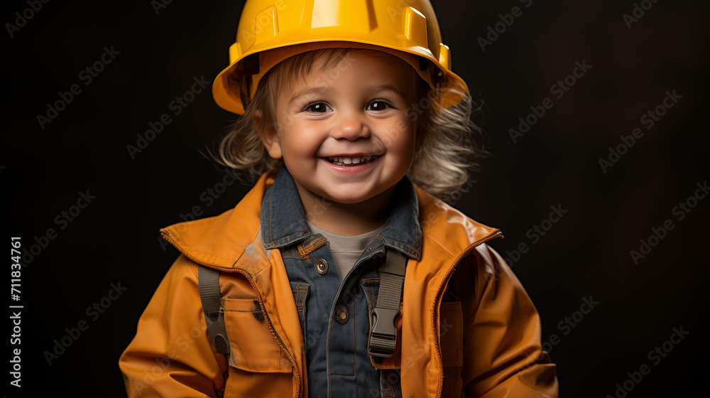 Child playing grown-up - dressed up as a construction worker  - smiling and happy - close-up shot 