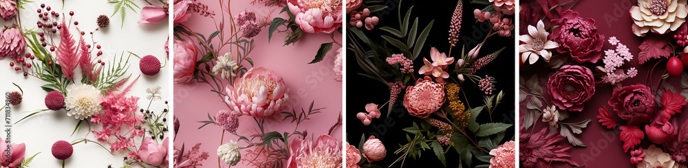 Seamless prints and pattern of bouquets of verbena, amaranth, natural peony flowers, plants and leaves for wrapping paper, greeting card and background Seamless prints and pattern of bouquets of verbena, amaranth, natural peony flowers, plants and leaves for wrapping paper, greeting card and background