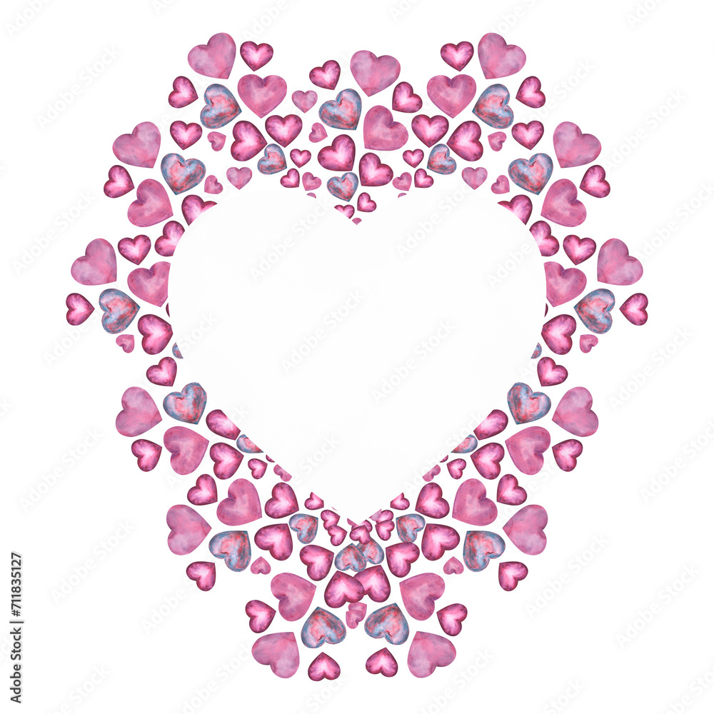 Frame made of simple watercolor lilac hearts for Happy Valentines Day card or t-shirt design. Romance, relationship and love. Heart illustration. Hand drawn style