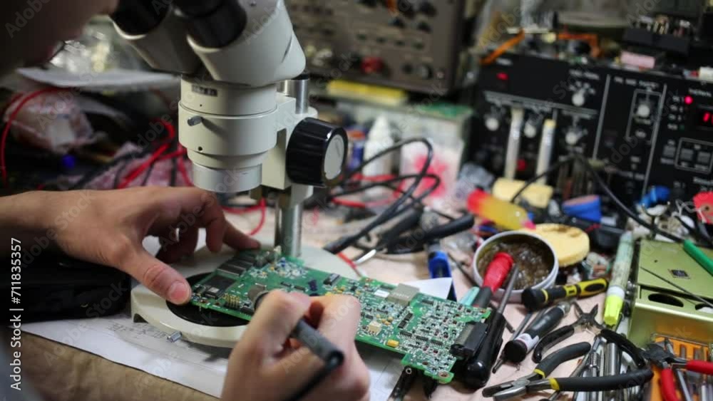 Man looks at motherboard through microscope and solders