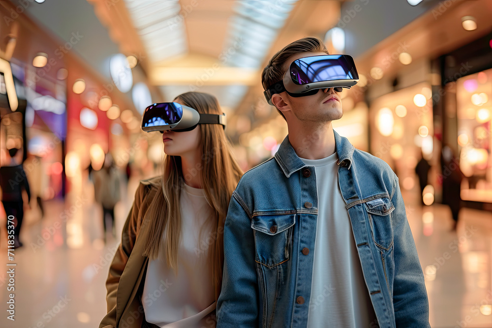 Two individuals exploring a virtual world while strolling through a shopping mall. Two individuals exploring a virtual world while strolling through a shopping mall.