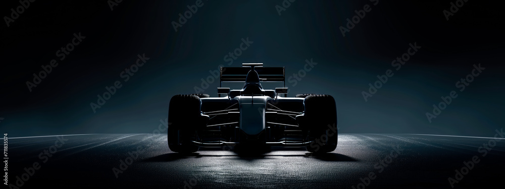 Silhouette of a Formula One car under dramatic lighting.
 - obrazy, fototapety, plakaty 