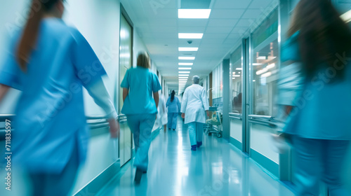 Busy hospital corridor with motion blur of medical staff moving around.